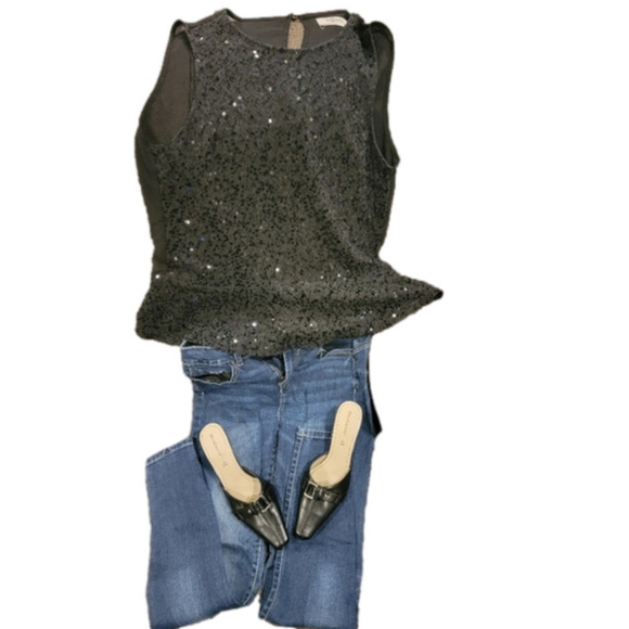 Romy Sleeveless Sequin Front Peplum Blouse Size L - Picture 2 of 5